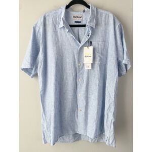 NWT Barbour Mens Linen Button Up Shirt L Blue Pinstripe Coastal Short Sleeve